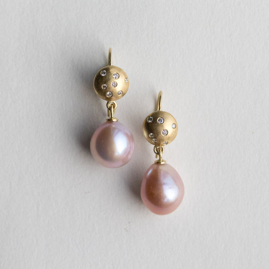 Luxury solid 18ct yellow gold drop earring with diamond-set sphere and blush pink pearl paper shot