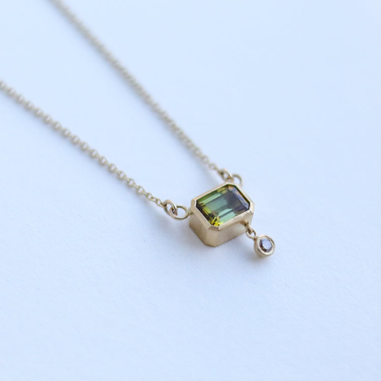 goldfinch jewellery octagon tourmaline olive green in 18ct yellow gold with champagne diamond drop in line necklace front 